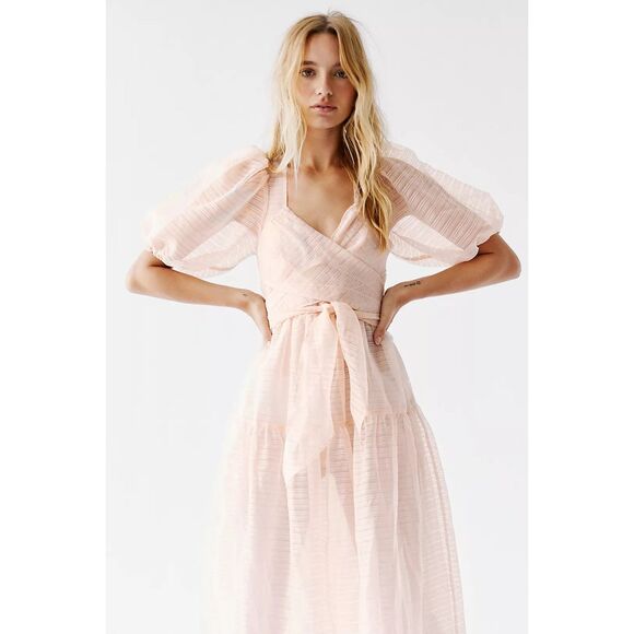Free People Hailey Dress Size 4 Beautiful Baby Pink Wrap front Midi Dress - Picture 3 of 10